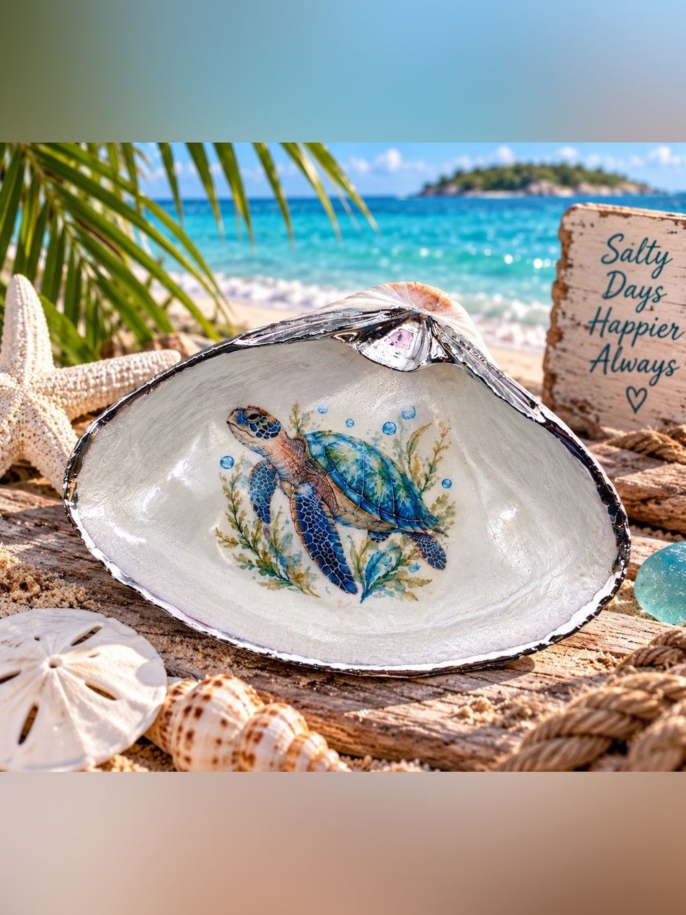 Coastal Sea Turtle Decorative Shell Bowl - Blue